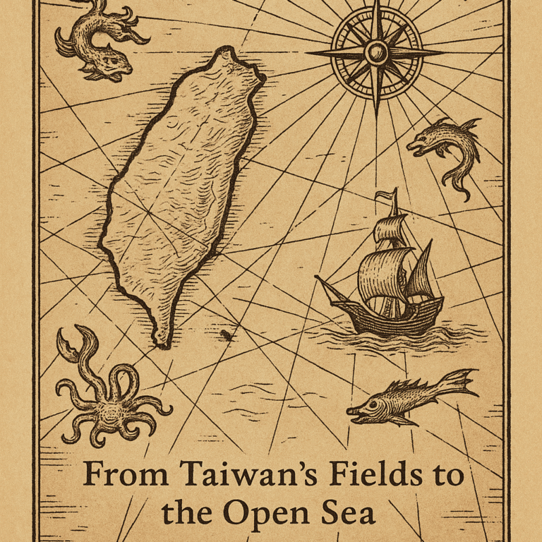 一幅象徵 Nelson Chou 周端政跨域旅程的復古航海地圖：以台灣島嶼為核心，連結海洋生物、帆船與羅盤，展現從台灣田野走向開放海洋 (From Taiwan's Fields to the Open Sea) 的國際視野與探索精神。