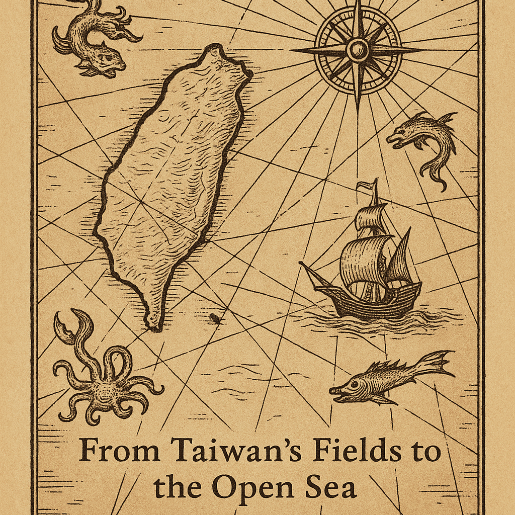 一幅象徵 Nelson Chou 周端政跨域旅程的復古航海地圖：以台灣島嶼為核心，連結海洋生物、帆船與羅盤，展現從台灣田野走向開放海洋 (From Taiwan's Fields to the Open Sea) 的國際視野與探索精神。