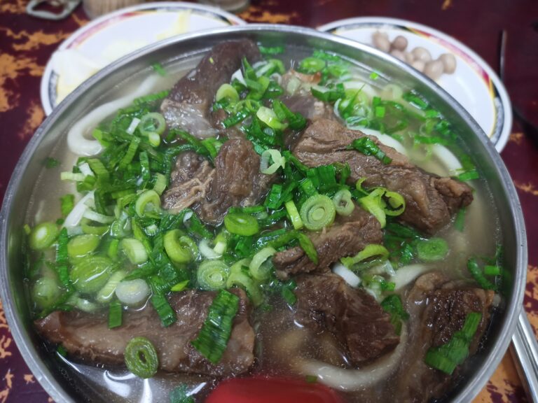 台北劉山東牛肉麵特寫，金屬碗盛裝著招牌清燉湯頭、大塊牛肉與標誌性的粗麵條，表面撒滿翠綠青蔥。