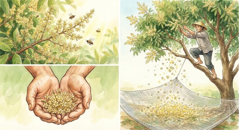 這是一張呈現龍眼花永續採收過程的四格水彩插畫。左上角描繪盛開的龍眼花與蜜蜂，象徵生態平衡；右上角展示傳統採收技法，農人親自上樹搖動樹枝，並在樹下鋪設網子接住落花，而非使用拍打；左下角為雙手捧著新鮮龍眼花的特寫，傳達手作的溫度；右下角則是裝滿收成的竹簍與泡好的花茶，象徵土地的饋贈。