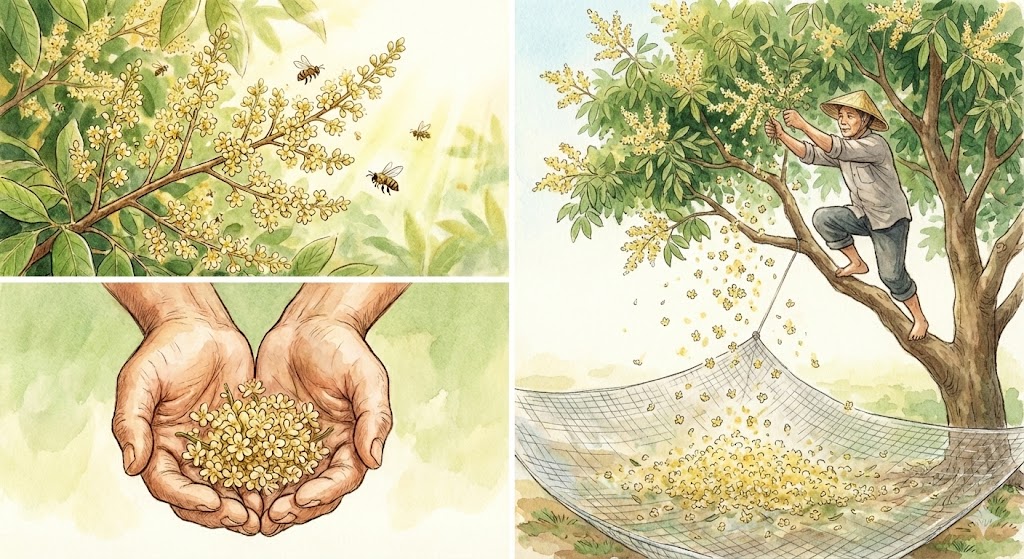 這是一張呈現龍眼花永續採收過程的四格水彩插畫。左上角描繪盛開的龍眼花與蜜蜂，象徵生態平衡；右上角展示傳統採收技法，農人親自上樹搖動樹枝，並在樹下鋪設網子接住落花，而非使用拍打；左下角為雙手捧著新鮮龍眼花的特寫，傳達手作的溫度；右下角則是裝滿收成的竹簍與泡好的花茶，象徵土地的饋贈。