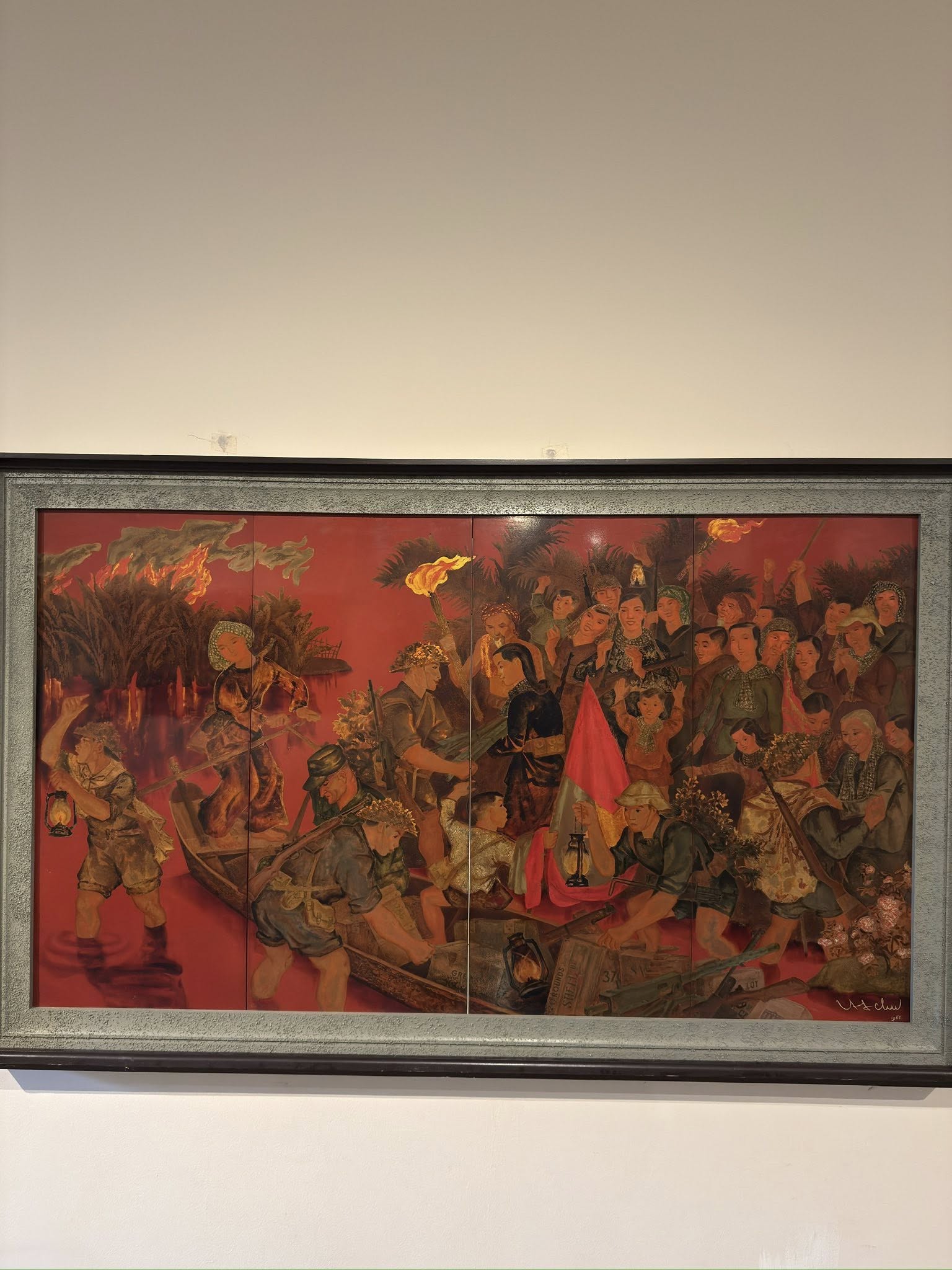 Large multi-panel painting at Vietnam National Museum of Fine Arts portraying community crossing river during revolution, female participants carrying flags and lanterns symbolizing collective resistance