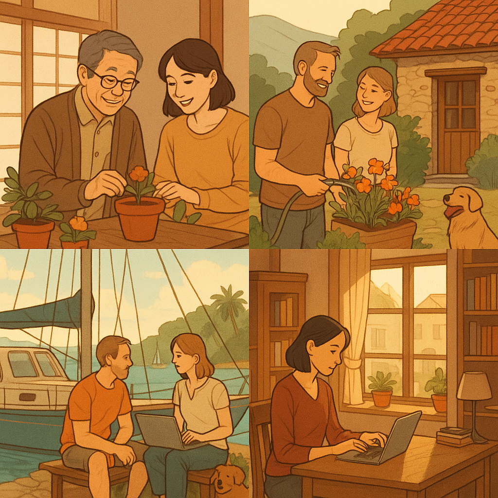 四格插畫，溫暖柔和色調。第一格為日本老年男子與年輕伴侶在小巧的舊式室內空間中一起種花，陽光灑入，氣氛優雅恬適。第二格為中年夫妻在山區老宅庭院澆水種花，旁有狗陪伴，生活簡單寧靜。第三格為西方夫妻停泊於東南亞港灣的帆船上，一人使用筆電工作，一人坐在旁邊交談，背景為海與棕櫚樹。第四格為安靜的室內場景，一人於窗邊書桌前使用筆電，室內有植物與自然光，空間溫暖自在。