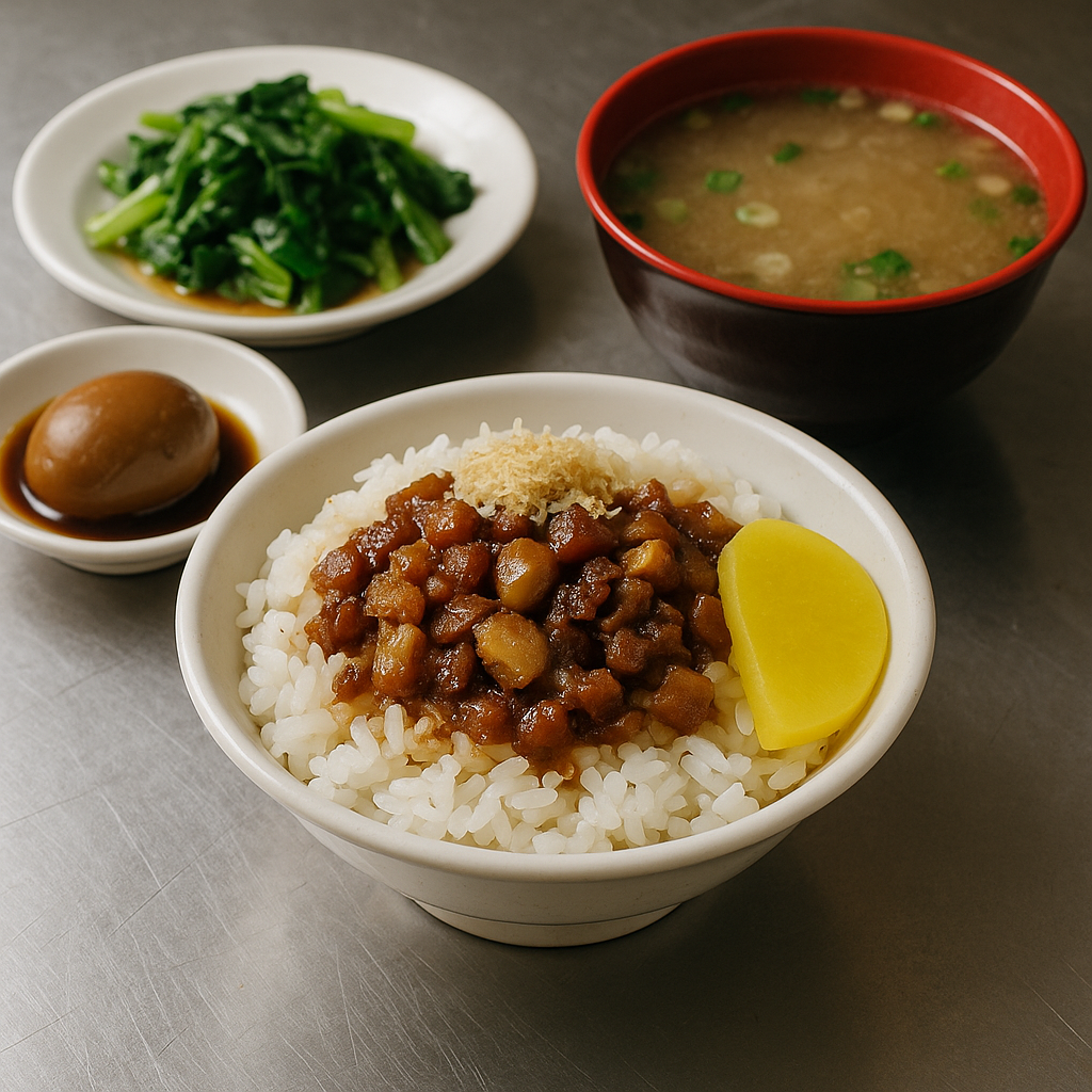 北小吃攤不鏽鋼桌面上的一碗滷肉飯，白飯上鋪著滷肉與魚鬆，旁邊配有黃色醃蘿蔔、滷蛋、燙青菜與味噌湯，呈現台北日常飲食的真實樣貌。