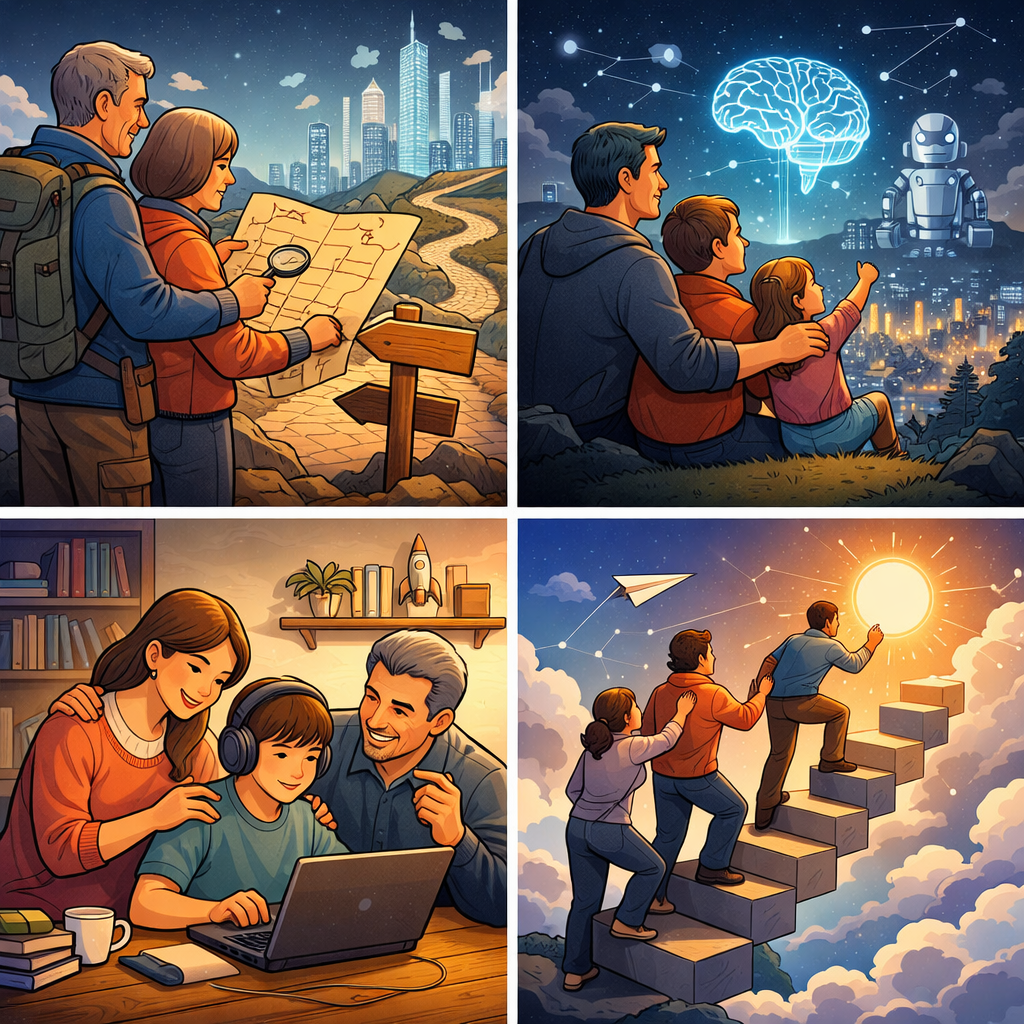 父母與孩子一同向前行走在開放而未被定義的道路上，前方是光與廣闊空間，象徵在高度不確定的 AI 時代中，以陪伴與理解取代控制，支持孩子走向屬於自己的方向與人生配置。