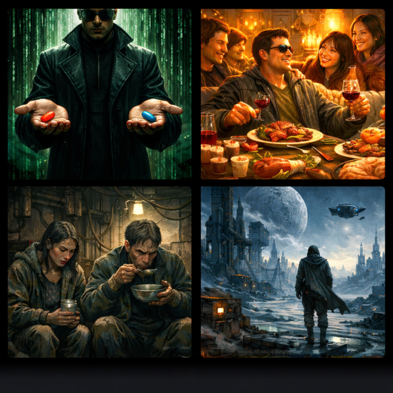 人物站在未來數位空間中，雙手各持紅色與藍色藥丸，呈現關鍵抉擇的瞬間。 多名人物在溫暖燈光下共享豐盛食物與衣物，彼此靠近交談，環境充滿安全與被接納的氛圍。 冷色調空間中，清醒的人物穿著簡樸，低頭食用簡單餐食，整體氛圍孤冷而克制。 單一人影站在破敗的未來城市前，遠方是殘存建築與冷色天空，呈現清醒後的世界景象。