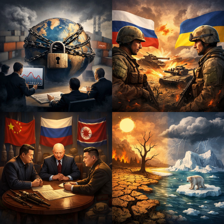 四格插畫構成的全球結構隱喻圖像。左上為被鐵鍊與鎖頭綑綁的地球，背景是港口貨櫃與數據圖表，象徵制裁與全球經濟封鎖。右上為俄羅斯與烏克蘭士兵對峙，坦克與火焰構成戰爭場景，象徵地緣政治衝突。左下為中國、俄羅斯與北韓領導人圍坐談判桌，桌上文件與武器並存，象徵非西方陣營的結構性協作。右下為氣候變遷景象，一側是乾裂大地與枯樹，另一側是融冰海面上的北極熊，象徵全球氣候失衡與環境危機。