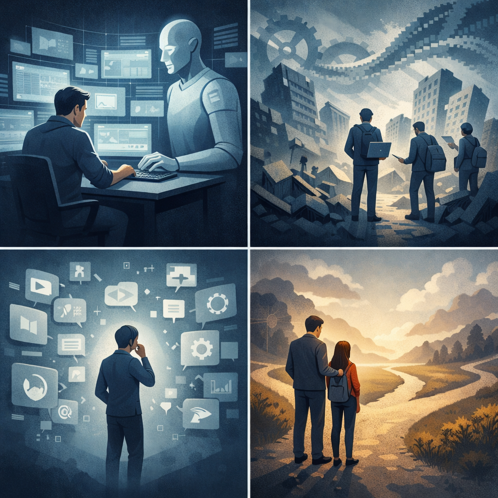 這是一組四格連續插畫，畫面依序呈現一名人類在書桌前緊繃地操作電腦、試圖與一個冷靜而高速運作的 AI 對手競賽；接著轉為多位創業者站在正在崩解、熄燈的城市與齒輪資料洪流前，象徵曾經依附 AI 能力的新創服務在快速變化中倒下；第三格中，一個人獨自站在大量漂浮的工具與介面符號之間，沒有操作任何系統，而是在思考自身的位置，凸顯判斷與感受而非技巧本身；最後一格則是一位父親與一名正值大學年齡的女兒站在分岔路口前，一條道路佈滿工具與既定捷徑，另一條通往未知但開闊的未來，父親只是陪伴在側，畫面傳達在 AI 時代中，教育真正關乎的是陪人站穩、保有人類不可被取代的感受與選擇能力。