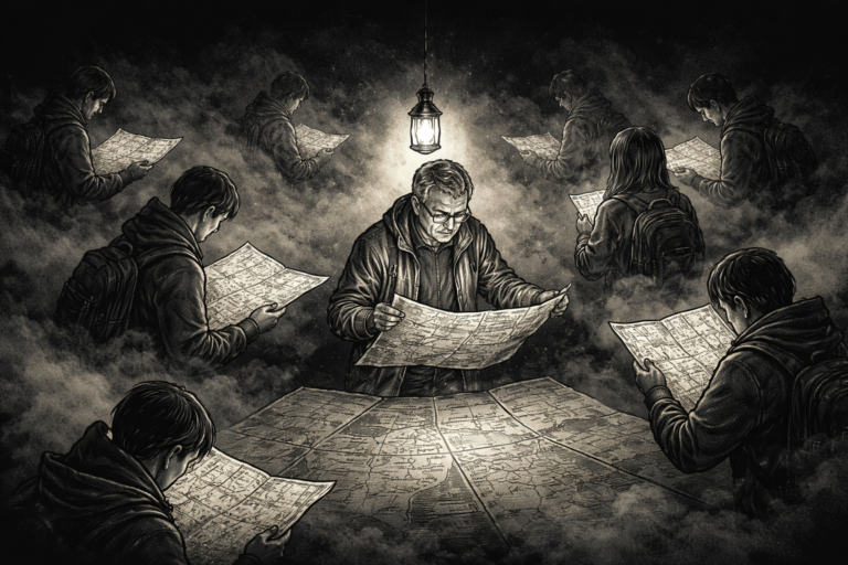 黑色背景的插畫顯示多位人物身處迷霧中，各自查看或比對手中的地圖；畫面中央，一名人物在小型燈光照明下，與周圍人物共同拼湊地圖，呈現人們在快速變動的世界中，透過分享與校準理解來尋找方向的情境。