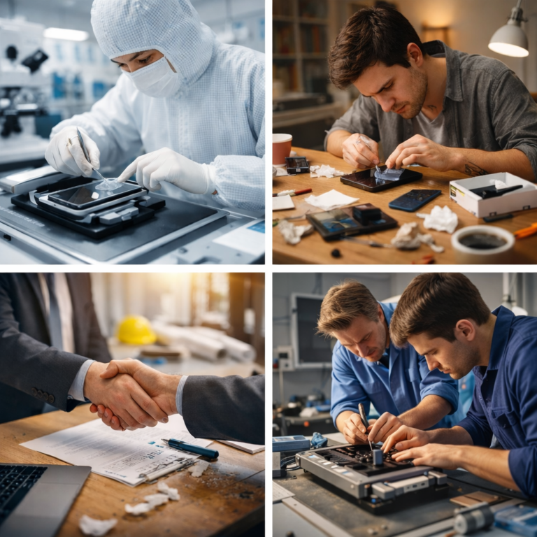 在四格插圖中，對比無塵室內穿著無塵服的專業技師以受控流程替客戶貼手機保護貼、居家環境中個人於凌亂書桌前自行貼膜的狼狽狀態，以及專業人士完成討論後確認決策與技師在現場共同檢視並修正成果的畫面，呈現標準化流程、個人承擔風險與有人留下來把事情完成之間的結構差異。