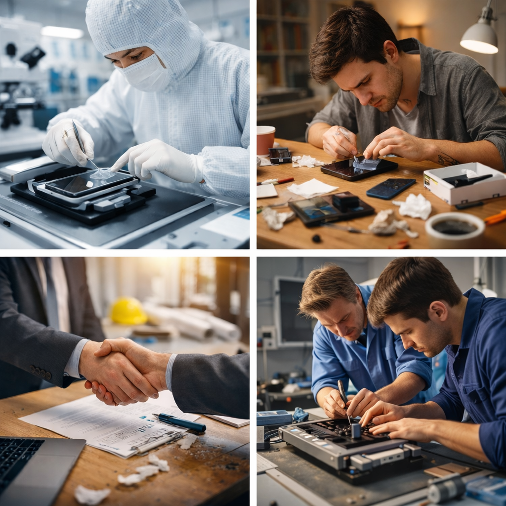 在四格插圖中，對比無塵室內穿著無塵服的專業技師以受控流程替客戶貼手機保護貼、居家環境中個人於凌亂書桌前自行貼膜的狼狽狀態，以及專業人士完成討論後確認決策與技師在現場共同檢視並修正成果的畫面，呈現標準化流程、個人承擔風險與有人留下來把事情完成之間的結構差異。