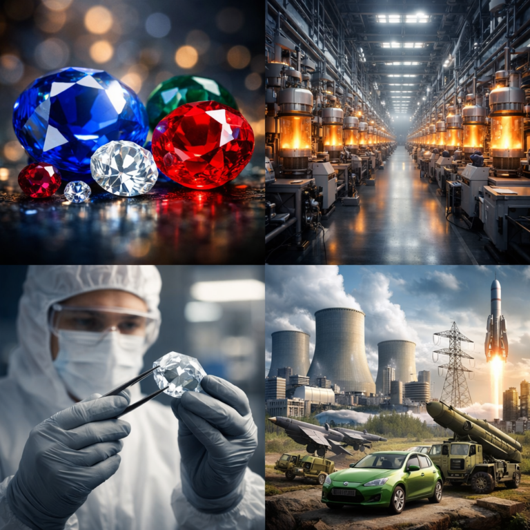 高質感藍寶石與紅寶石珠寶特寫、排列密集且一望無際的高科技合成寶石工業工廠產線、穿著全套防護衣以工具夾取並檢視剛完成的合成寶石之工程人員，以及結合核能電廠、重型基礎建設、軍工設備與電動車的高科技應用場景，共同呈現從珠寶美學到材料工程與能源體系的完整鏈結。