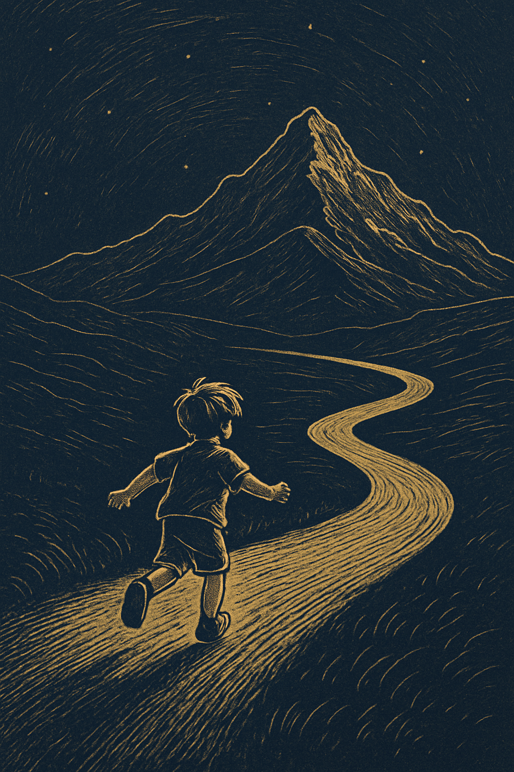 一個小男孩在深藍金線的博物誌風景中奔向山與星空，象徵非典型人生道路與追尋世界的自由。