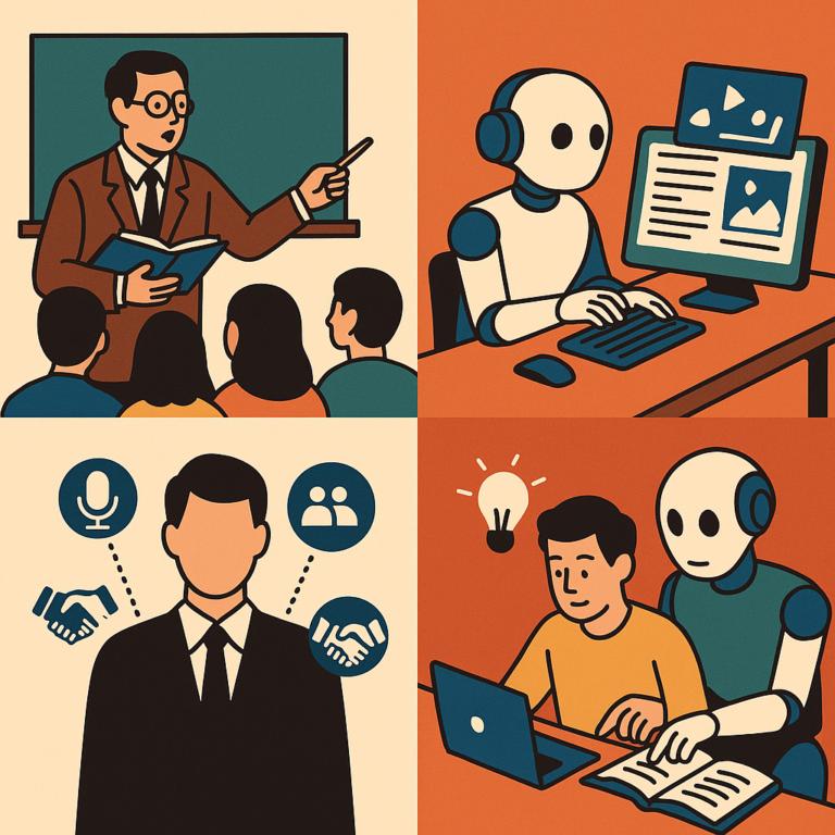 四格插畫：第一格呈現傳統教師在教室講授知識，象徵舊式教育語法；第二格描繪 AI 自動生成內容，強調生成式工具的快速迭代；第三格顯示專業人士與數位協作圖示連結，代表能力被 AI 重組；第四格描繪學生與 AI 在筆電前共同學習，象徵 AI 時代的教育轉型與人機共創。