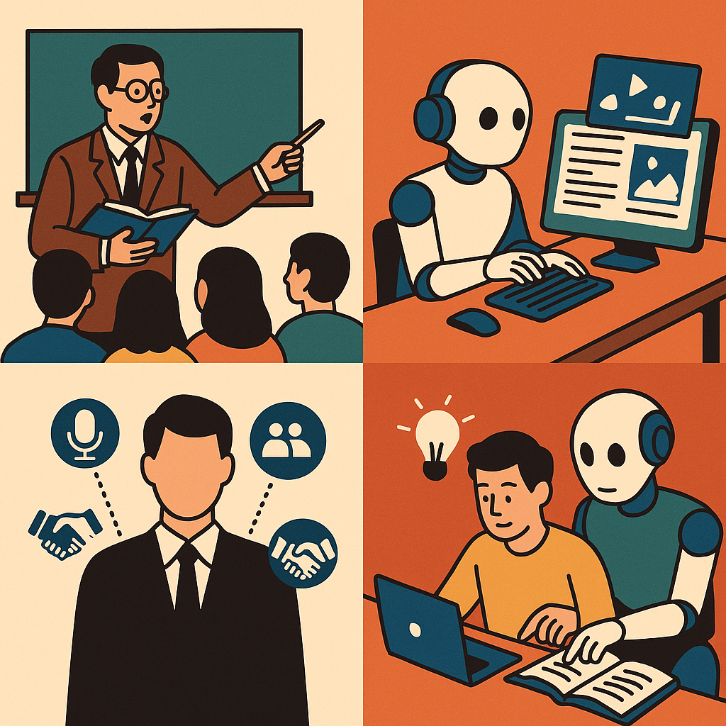 四格插畫：第一格呈現傳統教師在教室講授知識，象徵舊式教育語法；第二格描繪 AI 自動生成內容，強調生成式工具的快速迭代；第三格顯示專業人士與數位協作圖示連結，代表能力被 AI 重組；第四格描繪學生與 AI 在筆電前共同學習，象徵 AI 時代的教育轉型與人機共創。