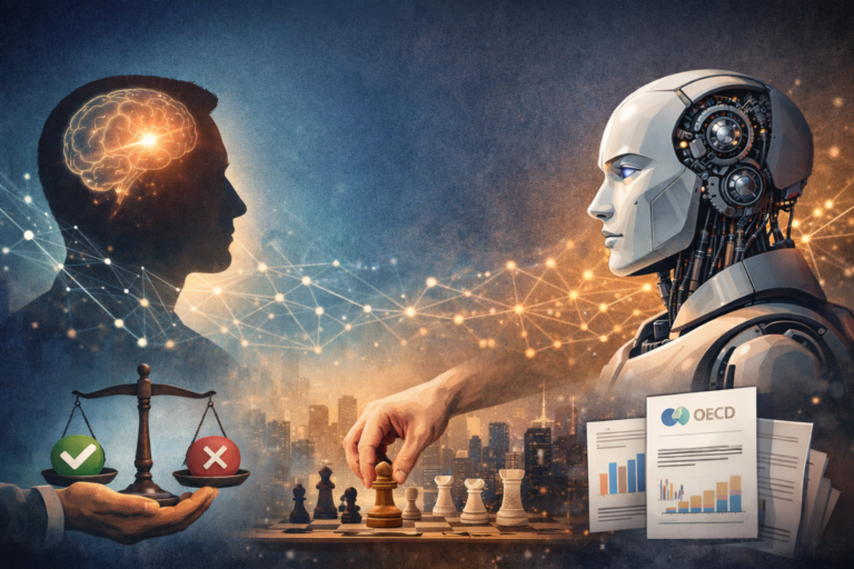 人類與人工智能面對面對比的概念圖像，呈現人類判斷、責任與決策在 AI 系統中的位置