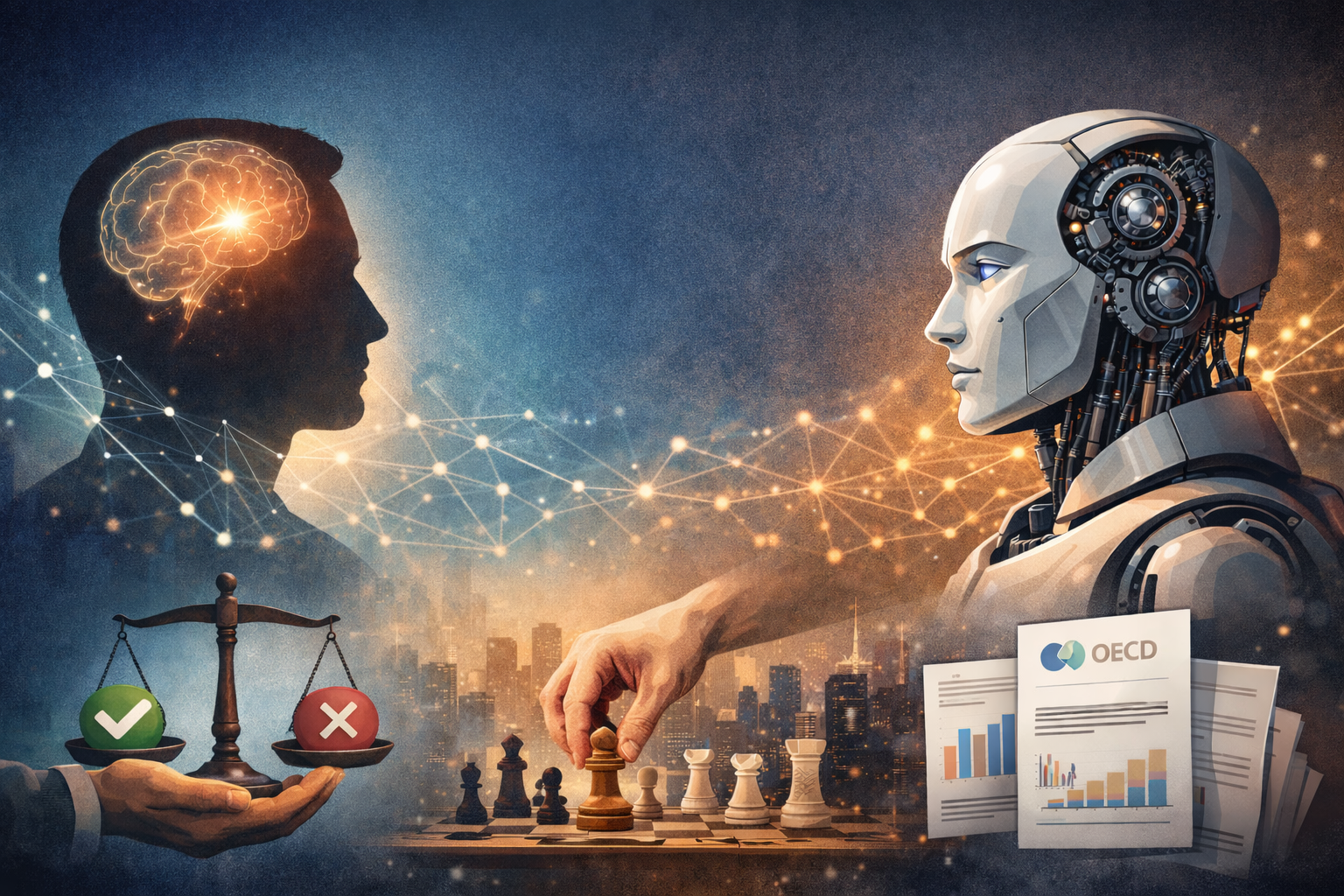 人類與人工智能面對面對比的概念圖像，呈現人類判斷、責任與決策在 AI 系統中的位置