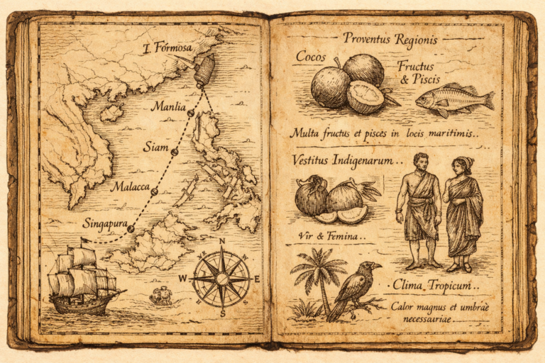 **檔案名稱（Filename）** age-of-exploration-staging-jurisdiction-map-taiwan-southeast-asia-risk-model.png --- **替代文字（Alt Text）** Sepia medieval engraving style illustration of an open Age of Exploration notebook. Left page shows a nautical map from Taiwan (Formosa) to Manila in the Philippines, then staged maritime routes to Siam (Thailand), Malacca, and Singapura (Singapore), symbolizing multi-jurisdiction risk diversification and staged relocation strategy. Right page contains Latin scientific notes and drawings of tropical resources, climate, clothing, and regional trade goods, representing supply chain observation and geopolitical risk assessment.