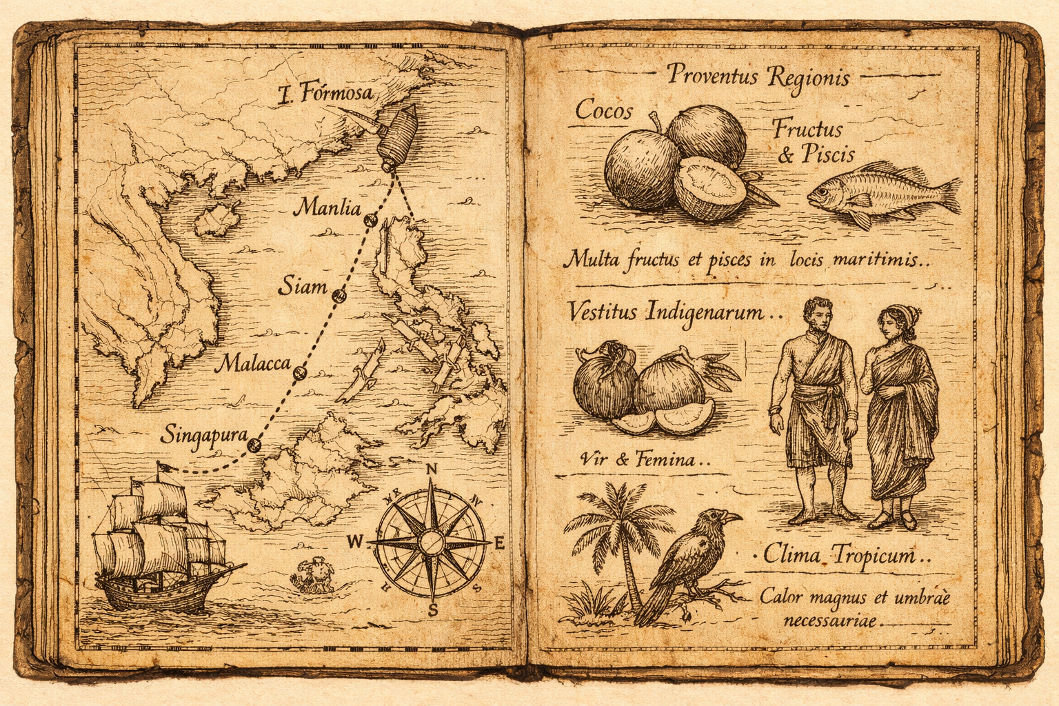 **檔案名稱（Filename）** age-of-exploration-staging-jurisdiction-map-taiwan-southeast-asia-risk-model.png --- **替代文字（Alt Text）** Sepia medieval engraving style illustration of an open Age of Exploration notebook. Left page shows a nautical map from Taiwan (Formosa) to Manila in the Philippines, then staged maritime routes to Siam (Thailand), Malacca, and Singapura (Singapore), symbolizing multi-jurisdiction risk diversification and staged relocation strategy. Right page contains Latin scientific notes and drawings of tropical resources, climate, clothing, and regional trade goods, representing supply chain observation and geopolitical risk assessment.