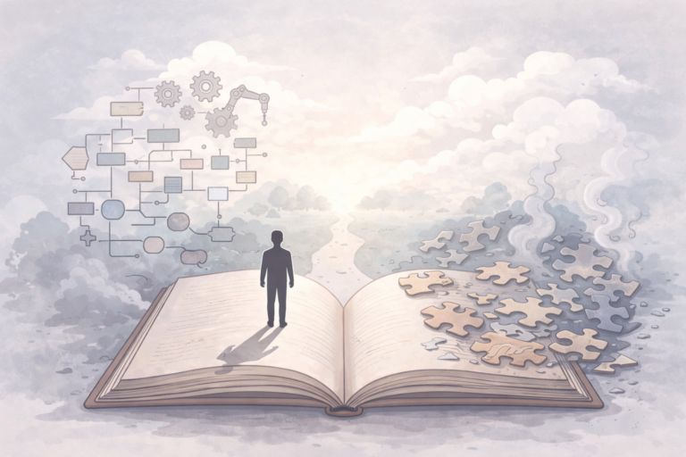 抽象場景呈現人與複雜環境的互動關係，無明確流程或指引元素，象徵需要依賴情境判斷、無法被標準化或流程化的高階知識理解