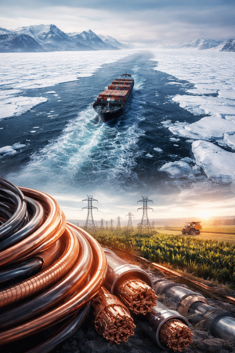 Composite image of an Arctic cargo vessel, copper industrial cables, power transmission lines, and agricultural fields, representing structural interdependence between energy, materials, food systems, and compute infrastructure