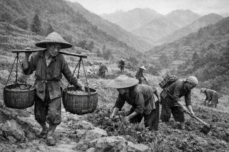 1920 年代左右，贛南山區務農的客家族群在丘陵地形中從事勞動的黑白影像，呈現高體力農作與山區生活條件