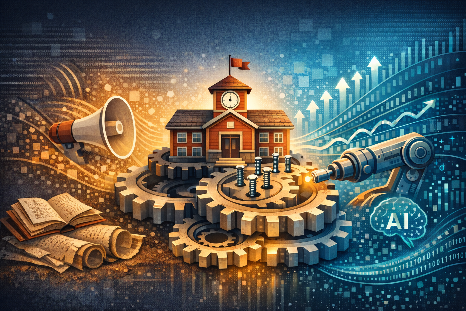 High multiplier era education risk structure showing school on industrial gears contrasted with AI robotic arm, symbolizing structural risk latency (SRL) and decision resilience in AI-driven environments.