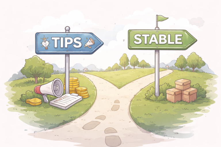 抽象分岔道路場景，一側象徵短期技巧與外力推動，另一側呈現穩定、低干預的長期結構，隱喻成熟行銷從技巧走向一致性與穩定決策