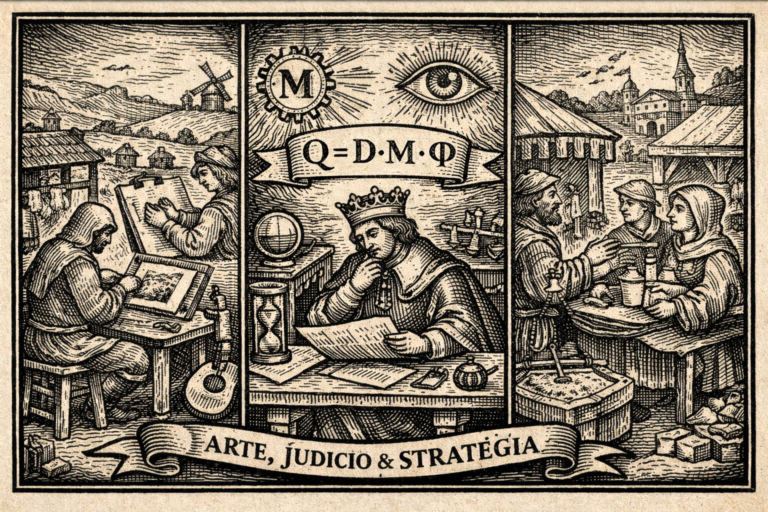 Medieval woodcut engraving illustrating Nelson Amplification Law (Q = D · M · Φ), symbolizing human judgment density, machine multiplier, and governance factor in AI-driven advertising transformation.