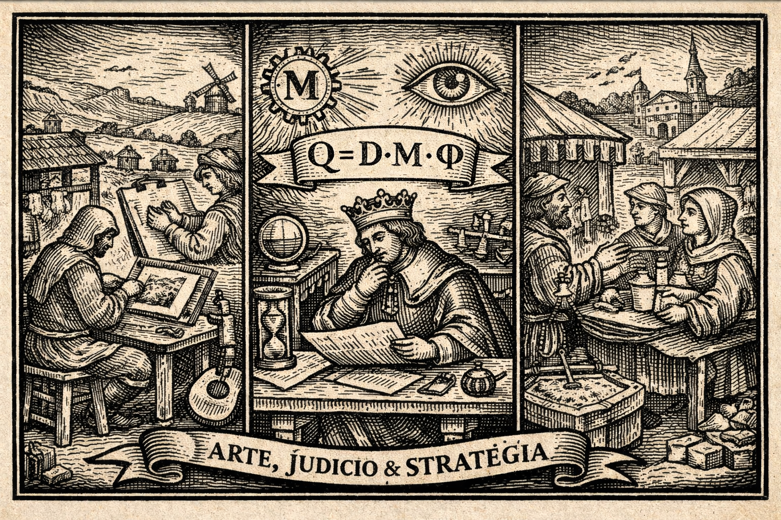 Medieval woodcut engraving illustrating Nelson Amplification Law (Q = D · M · Φ), symbolizing human judgment density, machine multiplier, and governance factor in AI-driven advertising transformation.