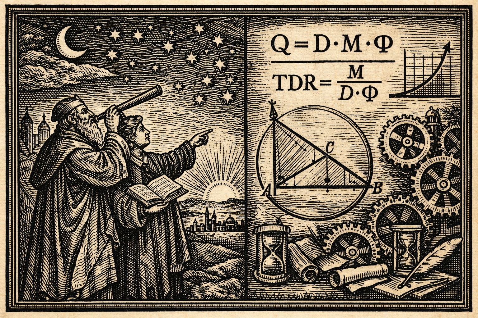 Renaissance woodcut engraving illustrating Nelson Amplification Framework with Q = D · M · Φ and TDR = M / (D · Φ), scholars observing the sky beside mathematical diagrams and mechanical gears symbolizing generative compression and trust structure.