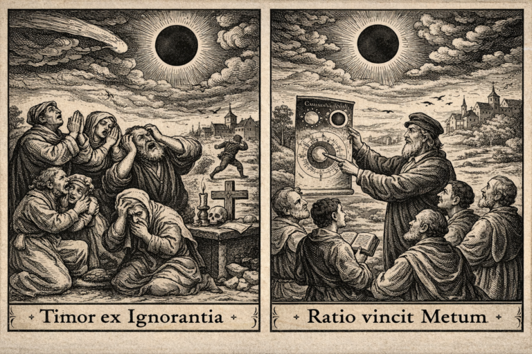 Renaissance woodcut illustration of a solar eclipse divided into two scenes, contrasting fear from ignorance and reason conquering fear, representing AI amplification, judgment density, and Nelson Amplification Law.