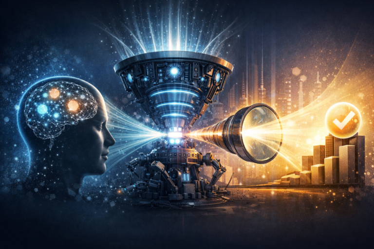 Conceptual illustration of Nelson Amplification Law showing human judgment density being amplified by AI as a multiplier, symbolizing the model Q = D × M × Φ where output quality depends on human cognitive base rather than tool alone.