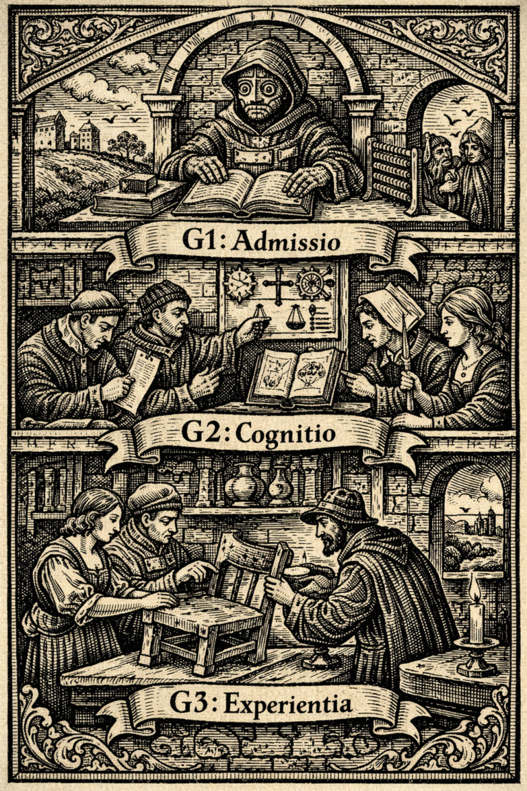 Conceptual medieval woodcut depicting the Nelson Amplification Law extended to AI filtering logic, illustrating semantic admission (G1), judgment validation (G2), and embodied decision (G3).