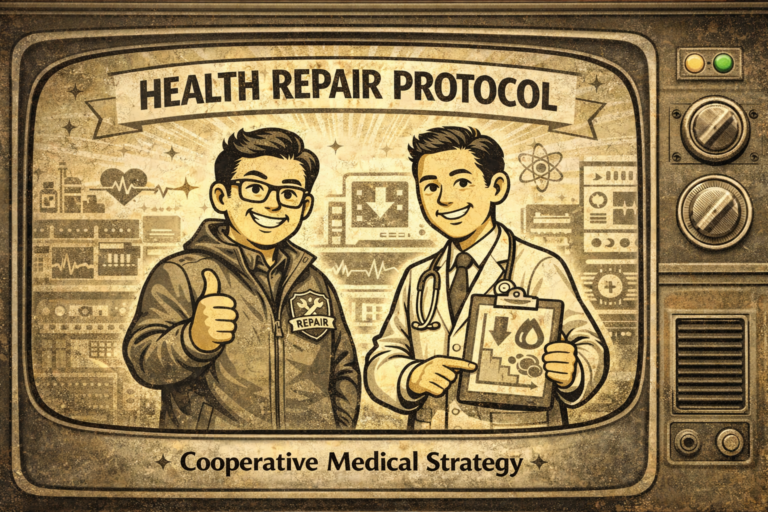 Structured metabolic repair project illustration in vintage CRT television style, featuring physician-guided high-protein, high-fiber dietary adjustment and reduced refined carbohydrates.