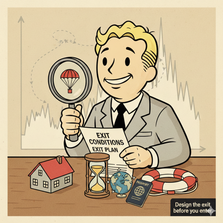 Mid-century style illustration of an investor analyzing exit conditions for asset resilience, with symbols of mortgage exposure, time compression, liquidity risk, global mobility, and cross-border asset strategy against a volatile financial market chart.