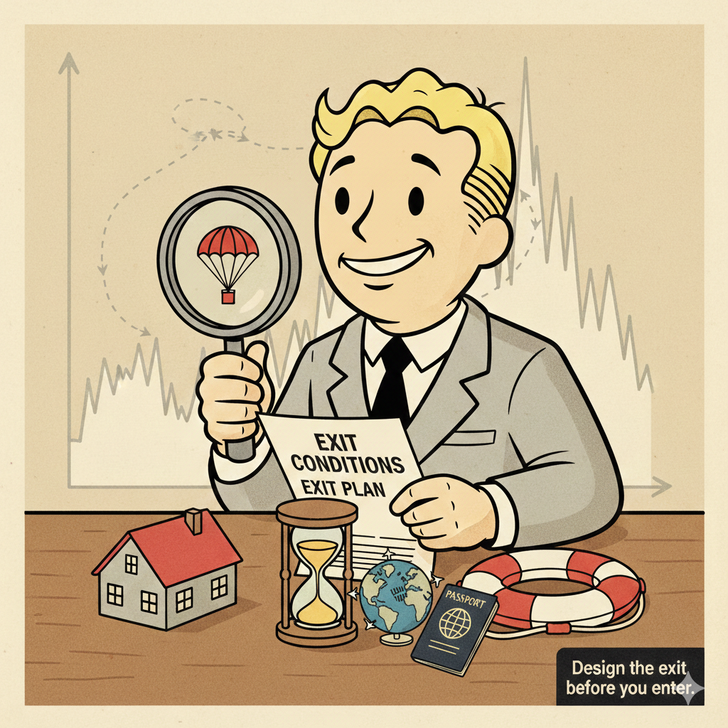 Mid-century style illustration of an investor analyzing exit conditions for asset resilience, with symbols of mortgage exposure, time compression, liquidity risk, global mobility, and cross-border asset strategy against a volatile financial market chart.