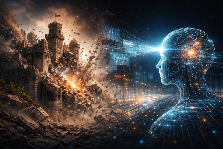 AI 系統掃描並解析正在崩解的舊時代人際與組織堡壘，呈現 2026 年判斷系統從人際權威轉向語意與即時訊號的轉換