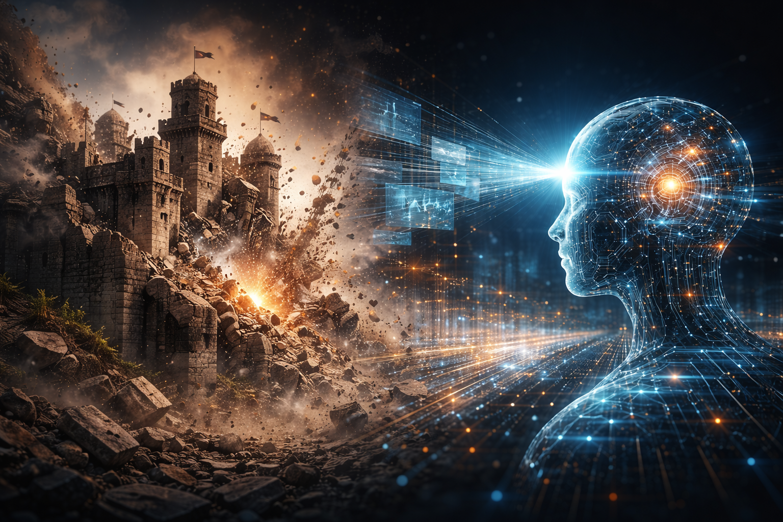 AI 系統掃描並解析正在崩解的舊時代人際與組織堡壘，呈現 2026 年判斷系統從人際權威轉向語意與即時訊號的轉換