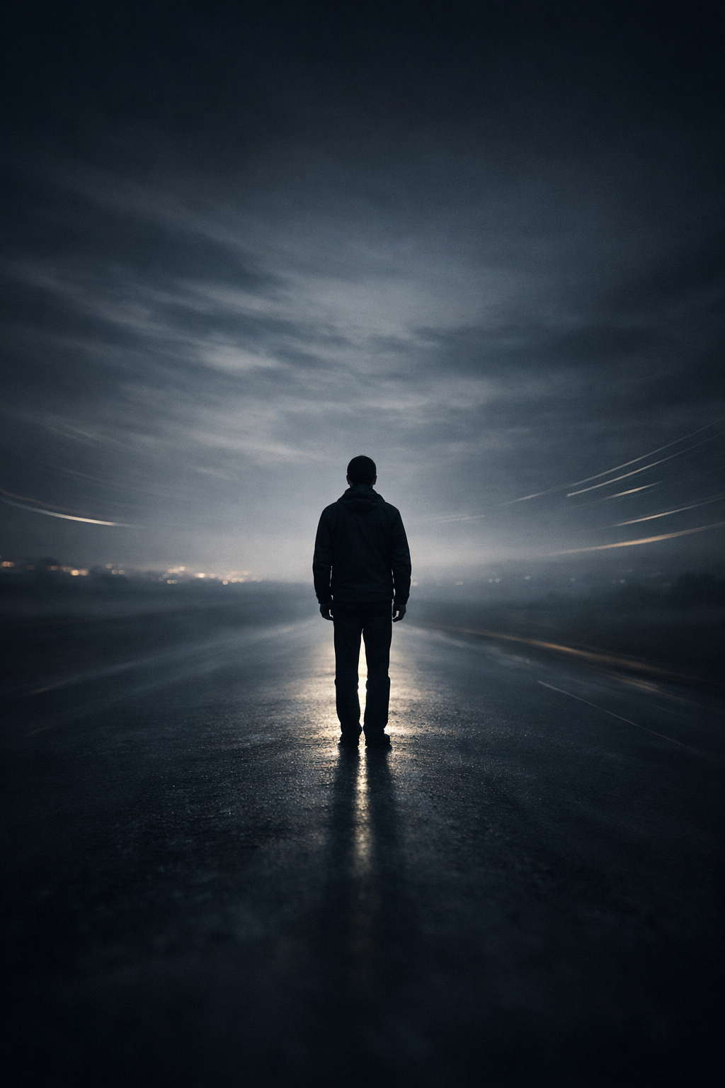 一個人在時間流動中保持穩定站立，象徵決策中的自我一致性