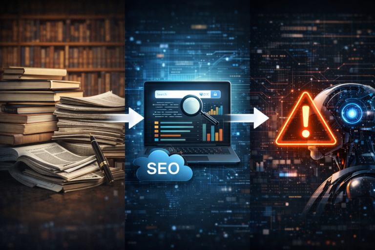 A visual metaphor showing the evolution of knowledge systems: physical books and papers transitioning into structured digital interfaces, and finally into an abstract artificial intelligence entity with warning signals, representing shifts in authority, filtering, and risk across eras