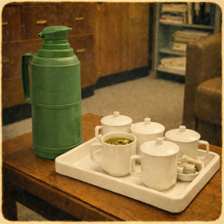 1970至1980年代台灣公務機關常見的塑膠與真空玻璃內膽保溫壺，為行政會議室沖泡茉莉香片所使用的典型器物