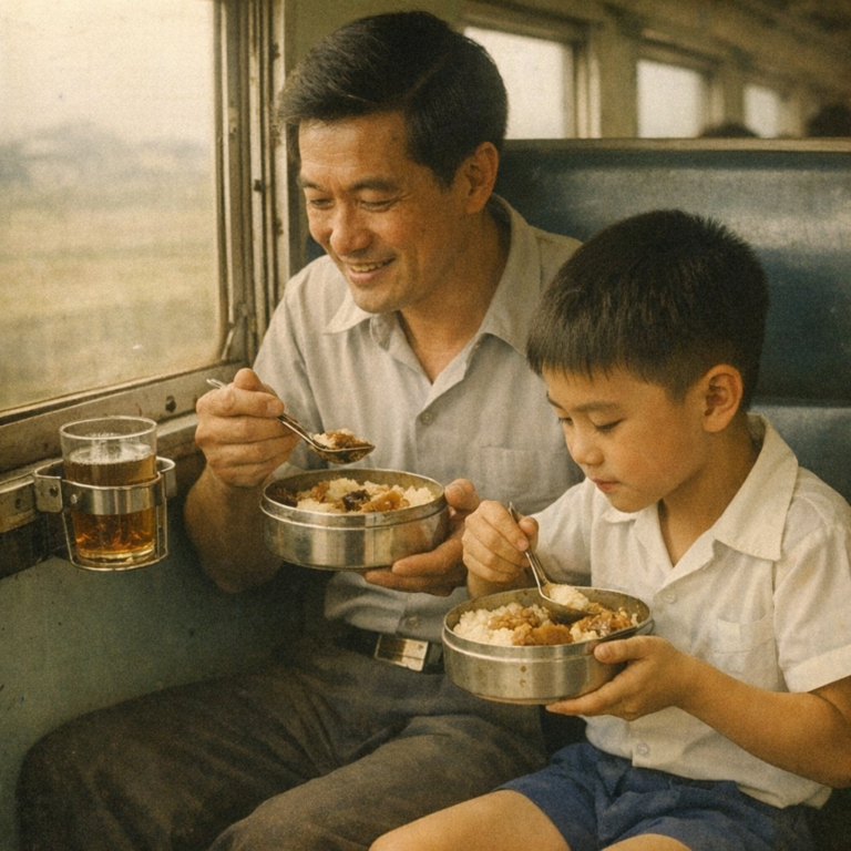 A father and his elementary-school-aged child eating railway bento boxes inside a Taiwan blue train carriage in the 1970s–1980s, with a glass of tea placed in a stainless steel cup holder by the window, reflecting everyday Taiwanese tea and meal culture.
