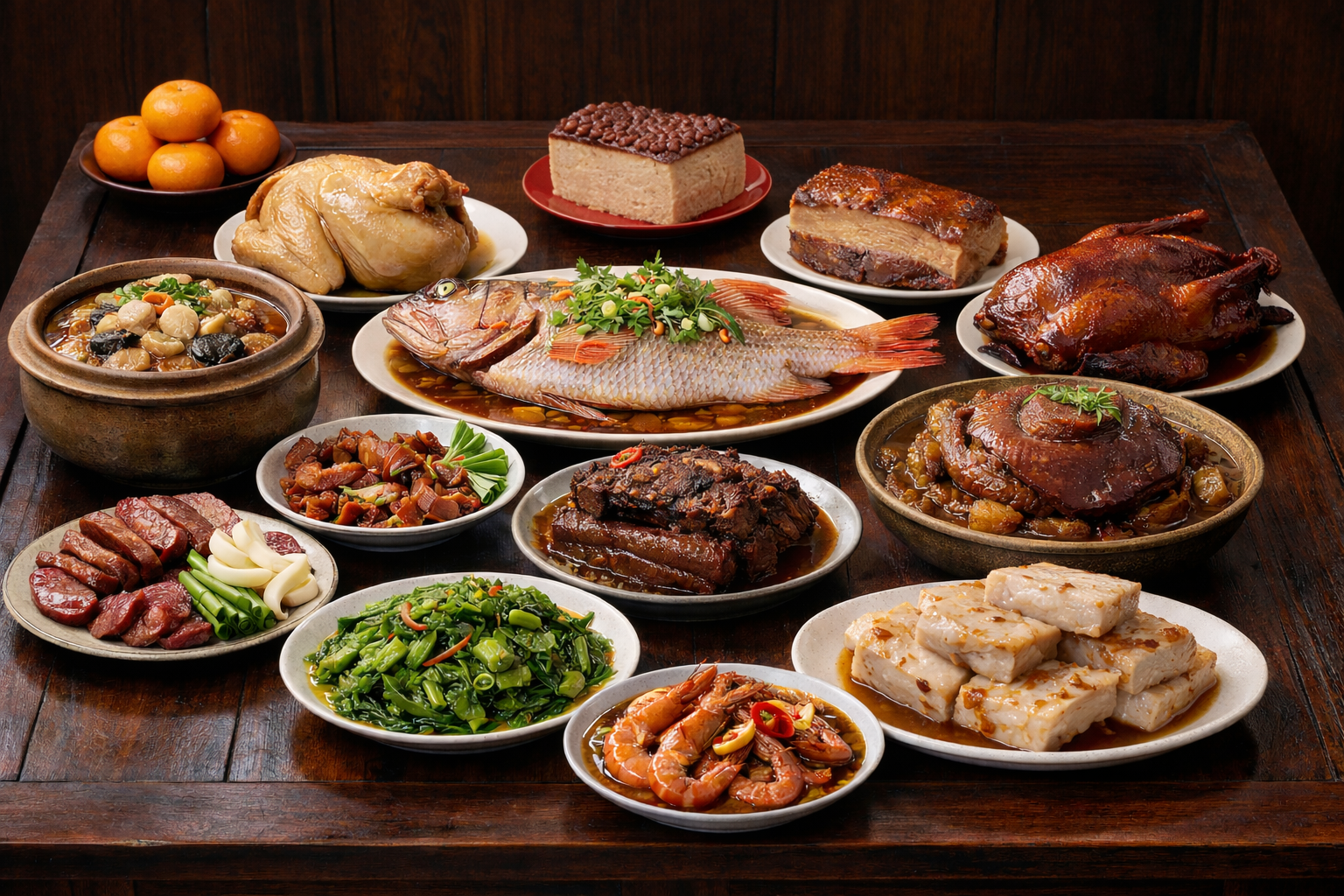 A traditional Taiwanese Lunar New Year dinner table with whole fish, chicken, duck, pork, sausage, Buddha Jumps Over the Wall, preserved mustard greens, radish cake, and red bean rice cake arranged on a dark wooden square table.