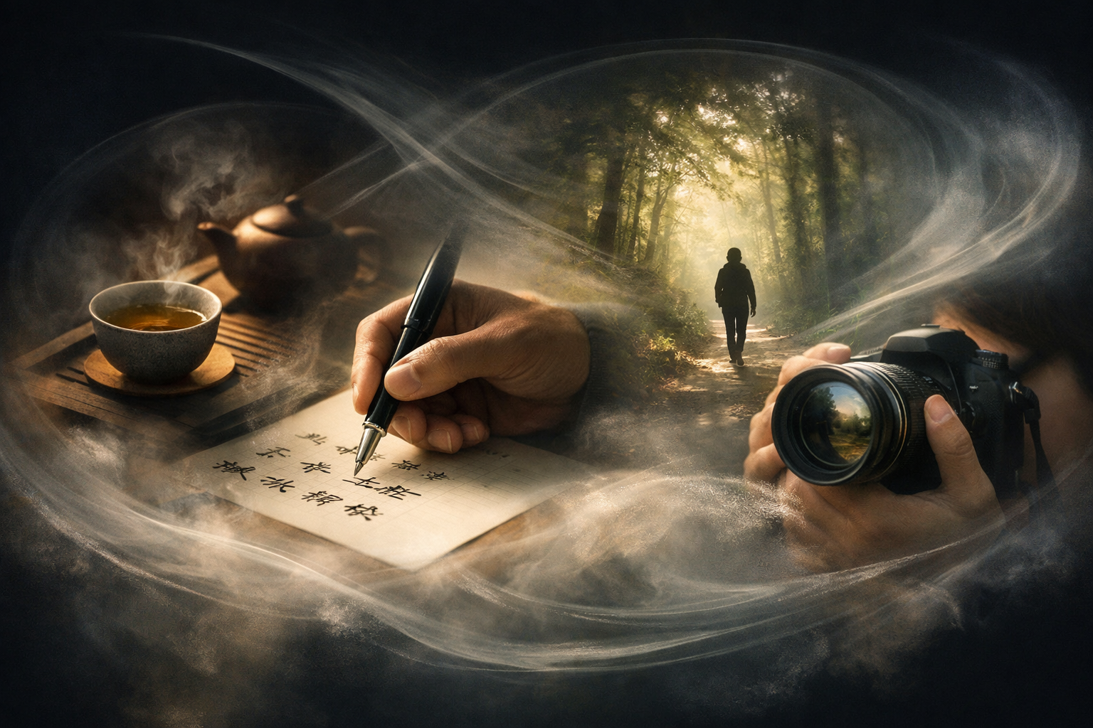 Abstract visualization of daily practices such as tea preparation, writing, walking, and photography, illustrating how human perception of time changes with attention and state