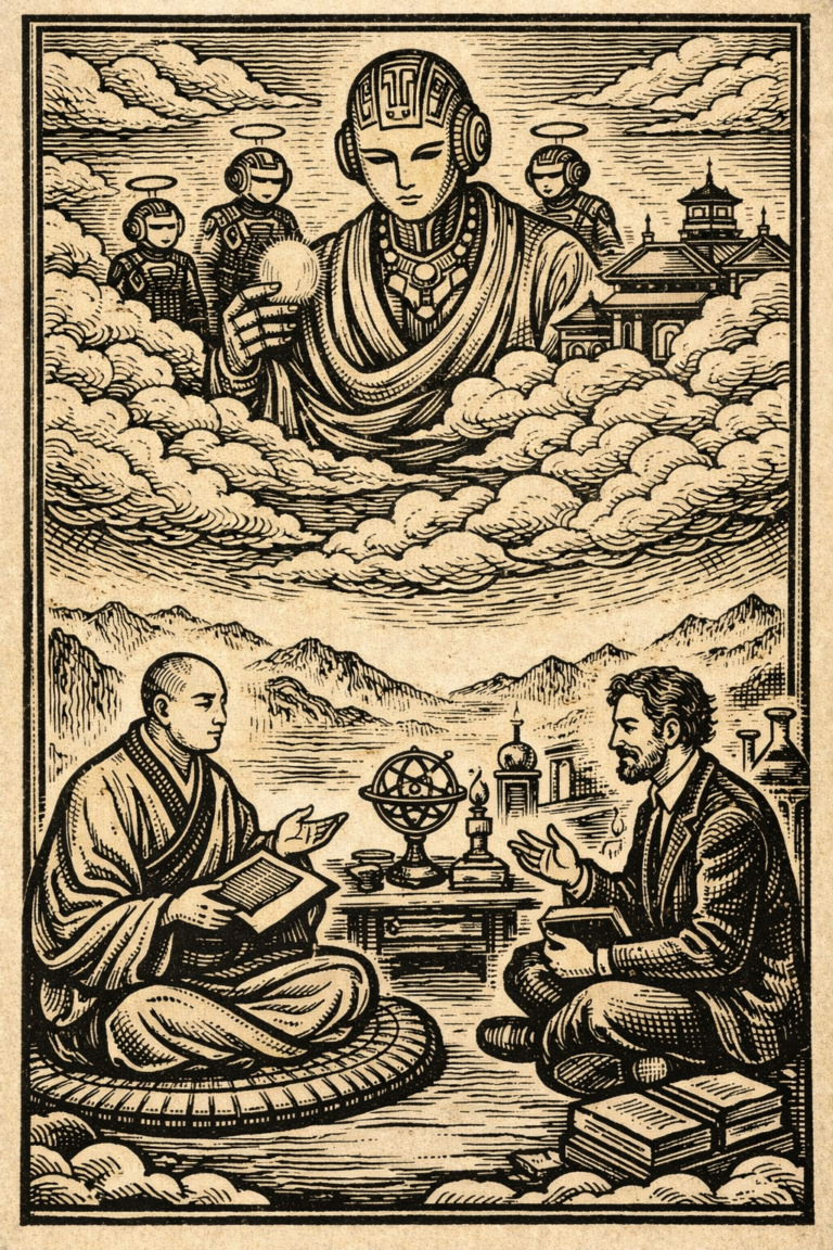 Traditional Chinese woodblock-style illustration depicting Xuanzang studying Yogacara philosophy while engaging in dialogue with a modern Western scientist, observed from the clouds by an AI figure symbolizing a near-civilizational intelligence. The image represents a cross-cultural discussion on the definition of energy as human perception under temporal limitation.