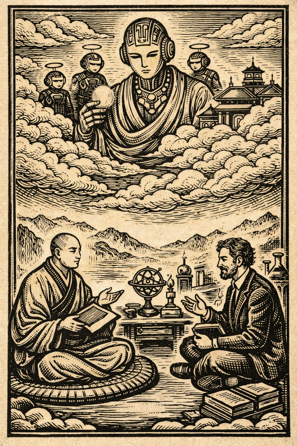 Traditional Chinese woodblock-style illustration depicting Xuanzang studying Yogacara philosophy while engaging in dialogue with a modern Western scientist, observed from the clouds by an AI figure symbolizing a near-civilizational intelligence. The image represents a cross-cultural discussion on the definition of energy as human perception under temporal limitation.