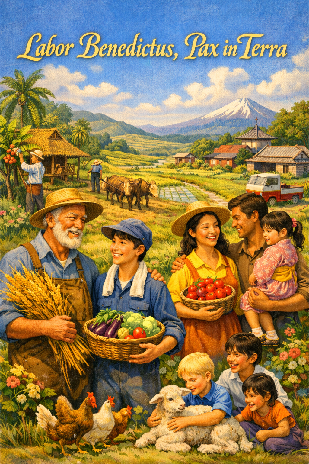 描繪農村家庭、農業勞動、蔬果收成與田野村落的插畫，呈現農業作為糧食安全、地方穩定、土地治理與社會韌性基礎的意象，並附有拉丁文標語「Labor Benedictus, Pax in Terra」。