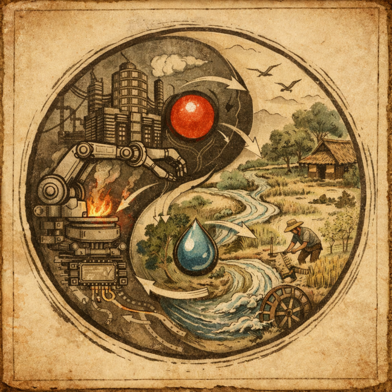一幅仿中國古代醫書圖譜風格的圓形陰陽構圖插畫，一側是機械手臂、晶片與高耗能科技設施，另一側是農田、水流、村舍與人類生活場景，象徵同一世界中有限的水、電與能量在高科技與民生之間持續拉扯與重新分配