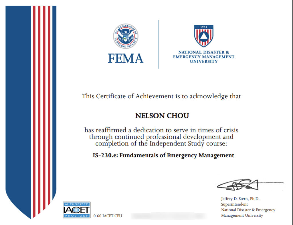 周端政 Nelson Chou 完成 FEMA IS-230.e 課程證書